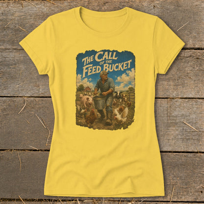 Farmer feeding chickens, pig, and cows with text "The Call of the Feed Bucket."