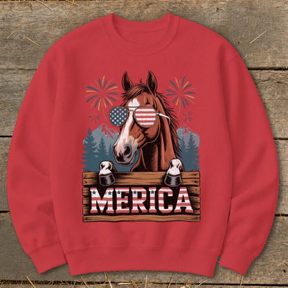 Horse wearing American flag sunglasses and "MERICA" text on wooden fence, fireworks background.