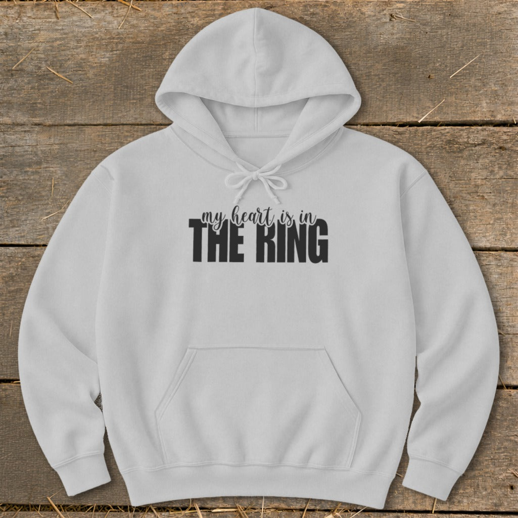 White hoodie with "my heart is in THE RING" text printed in black.