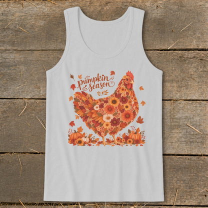White tank top with a floral chicken and "Pumpkin Season" text.