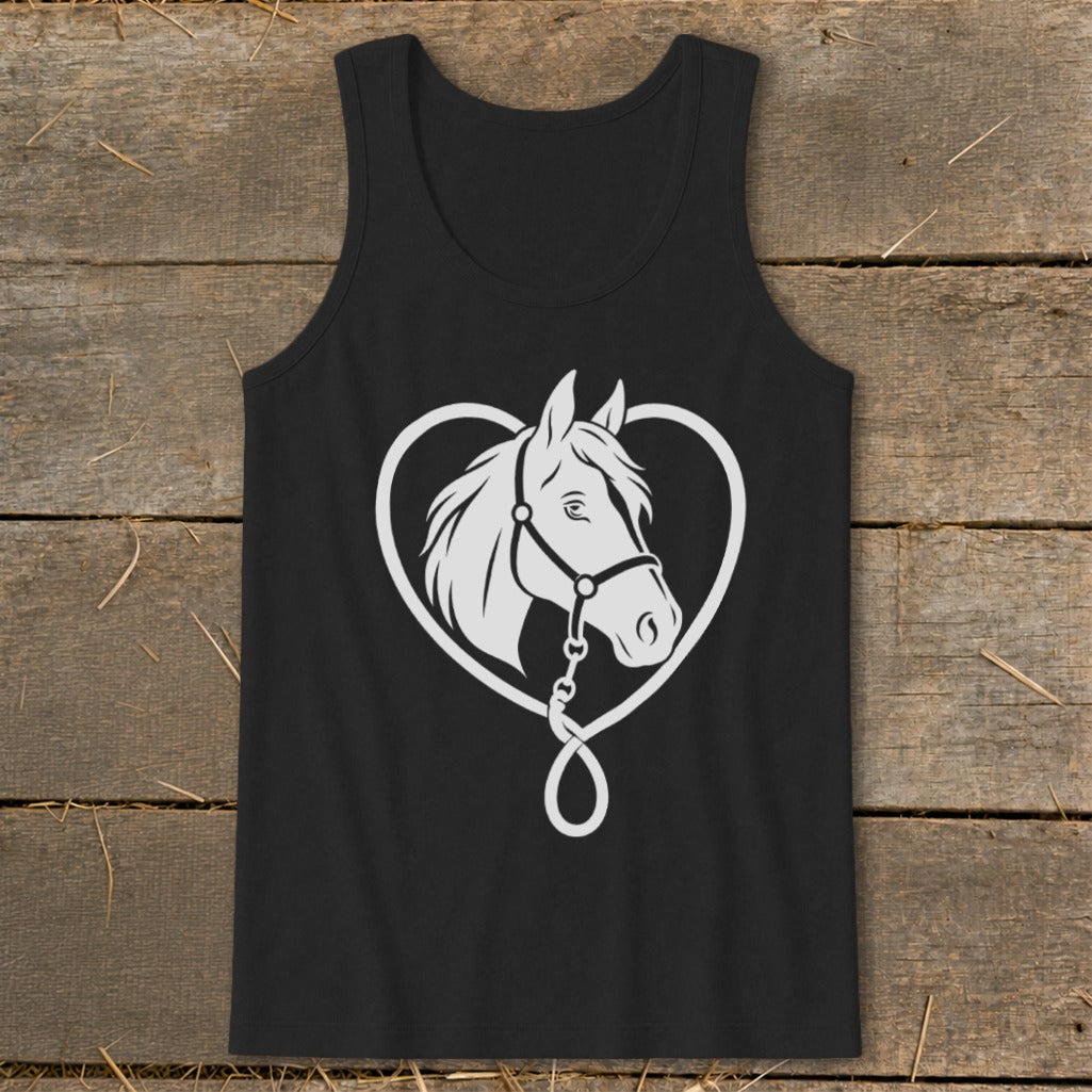 Black tank top with a white graphic of a harnessed horse inside a heart outline, laid flat on rustic wood.