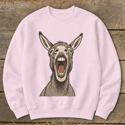 Pink sweatshirt with a humorous, open-mouthed donkey illustration.