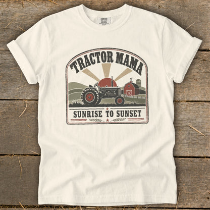 Cream t-shirt with "Tractor Mama Sunrise to Sunset" graphic featuring a tractor and barn.