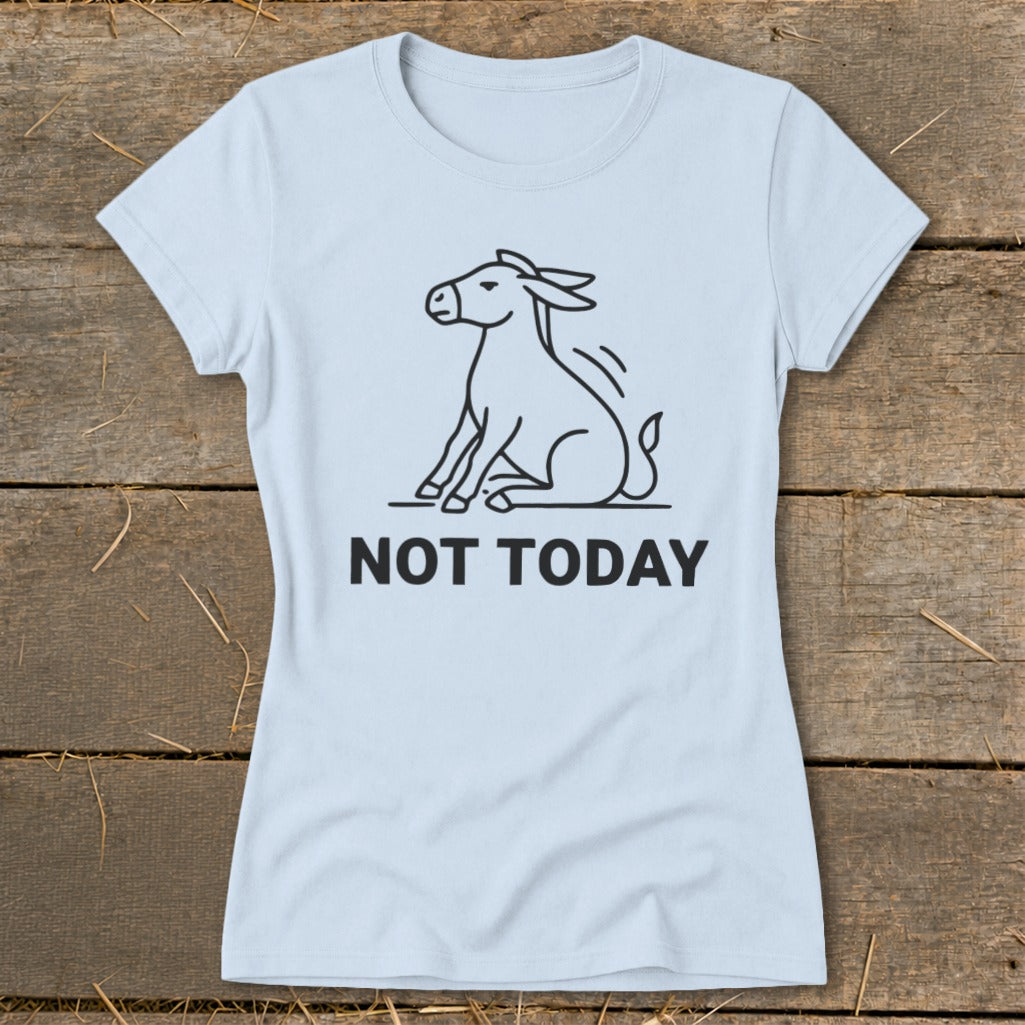 Light blue t-shirt with a line drawing of a donkey and the text "NOT TODAY".