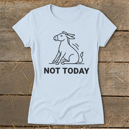 Light blue t-shirt with a line drawing of a donkey and the text "NOT TODAY".