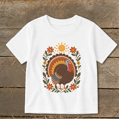 White t-shirt with a Thanksgiving turkey illustration surrounded by flowers and a sun.