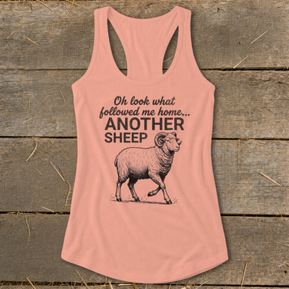 Peach tank top with sheep graphic and "Another Sheep" text.