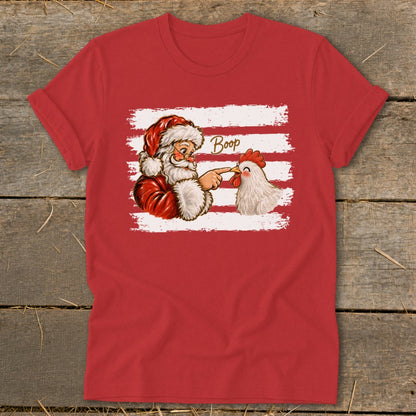 Santa booping a chicken with the word "Boop" on a red shirt.