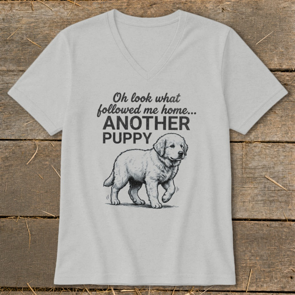 Grey v-neck t-shirt with "Oh look what followed me home... ANOTHER PUPPY" and a puppy illustration.