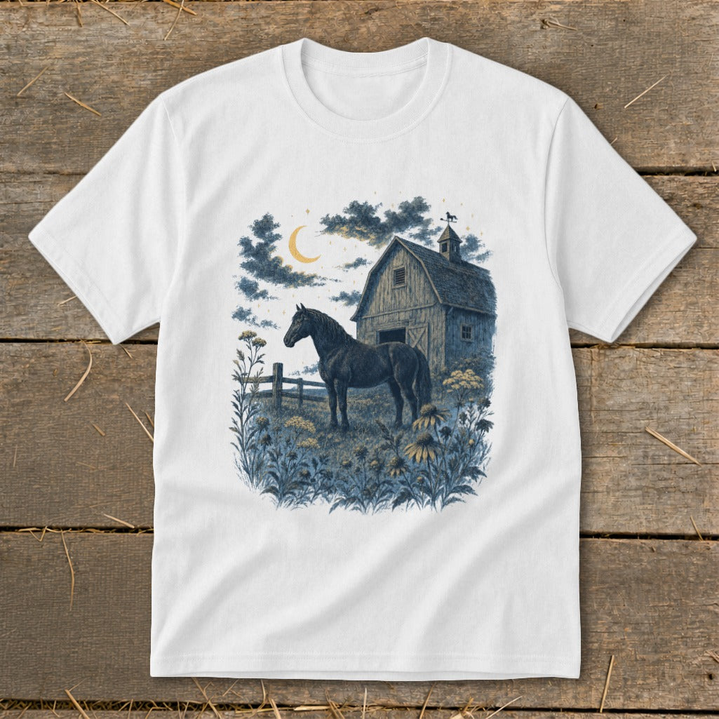 Dark horse in a field by a barn under a crescent moon.