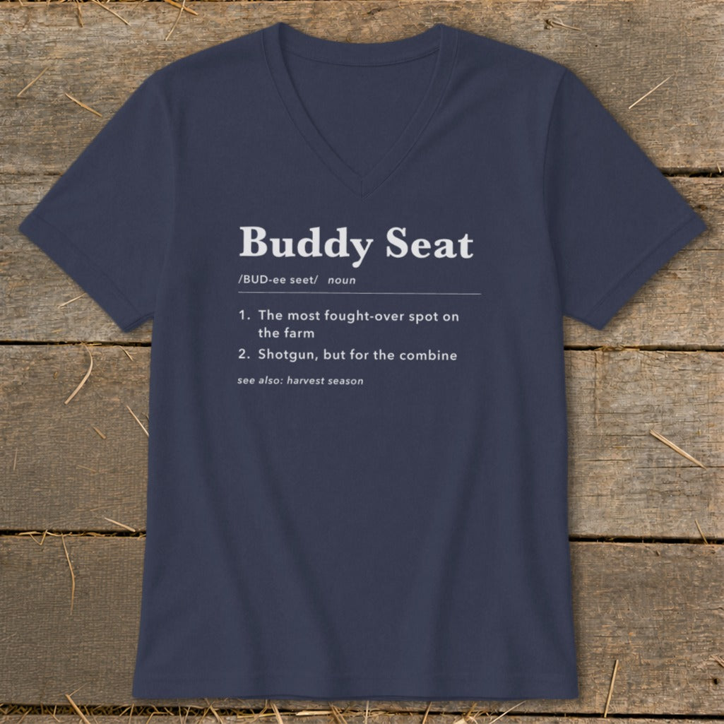 Navy v-neck t-shirt with "Buddy Seat" definition and farm-related text.