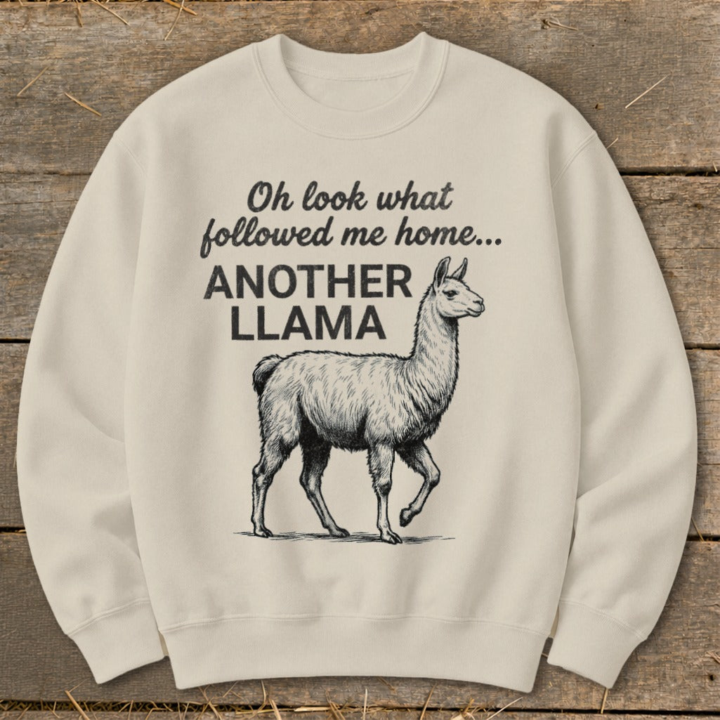 Cream sweatshirt with text and drawing of a llama.