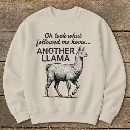 Cream sweatshirt with text and drawing of a llama.