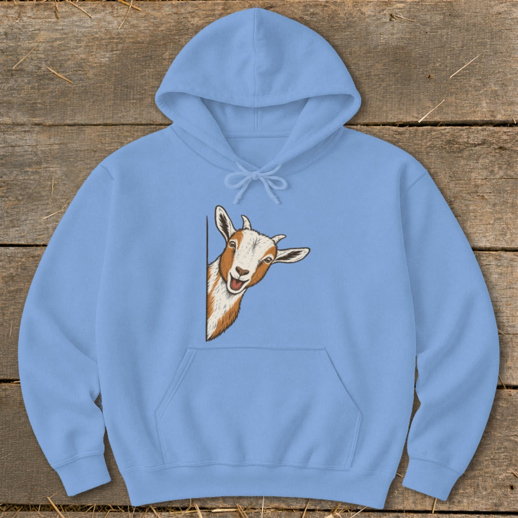 Light blue hoodie featuring a cheerful goat peeking from the side.
