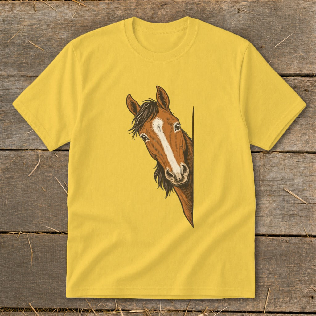 Yellow t-shirt featuring a brown horse peeking around a corner.