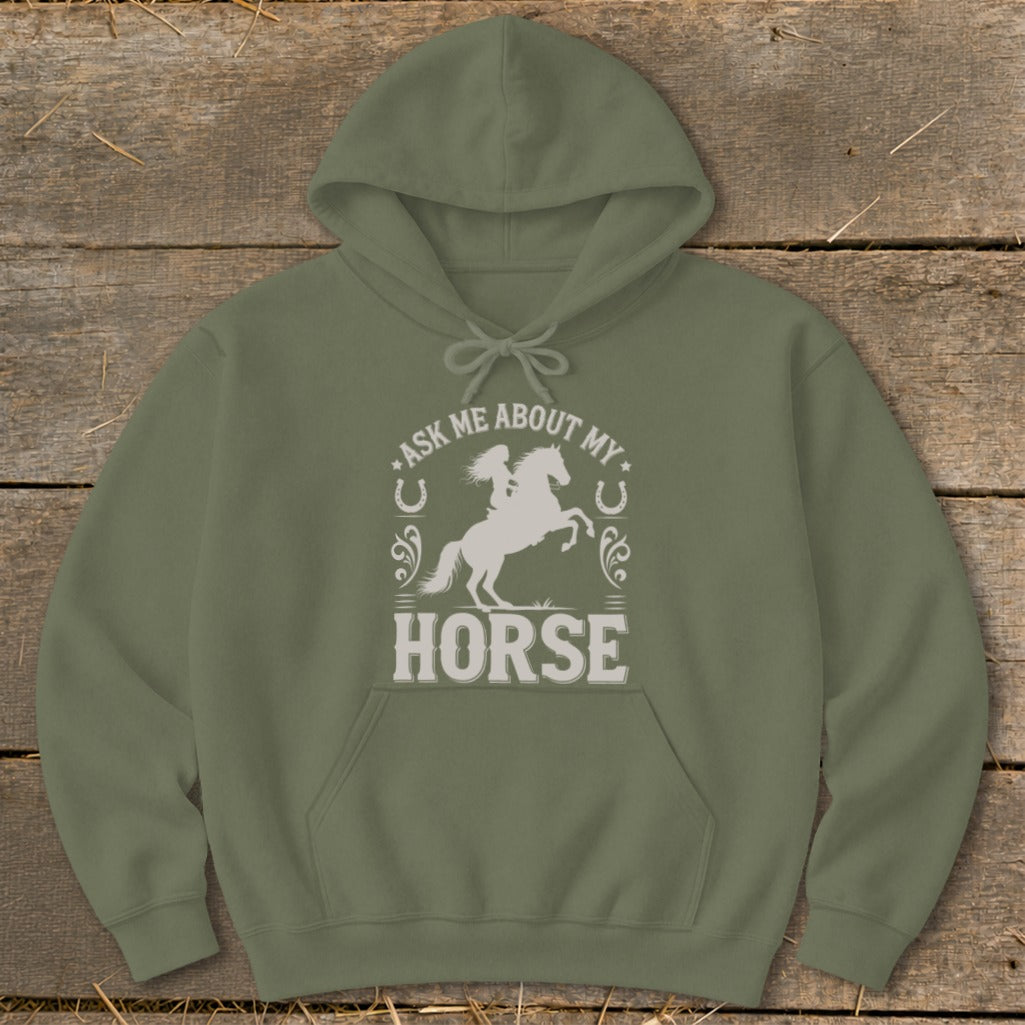 Olive green hoodie with "Ask Me About My Horse" graphic featuring a rider and horse.