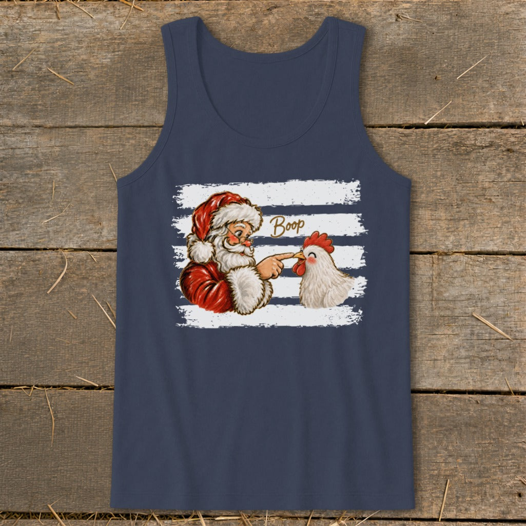 Santa booping a chicken with the word "Boop" above them on a navy tank top.