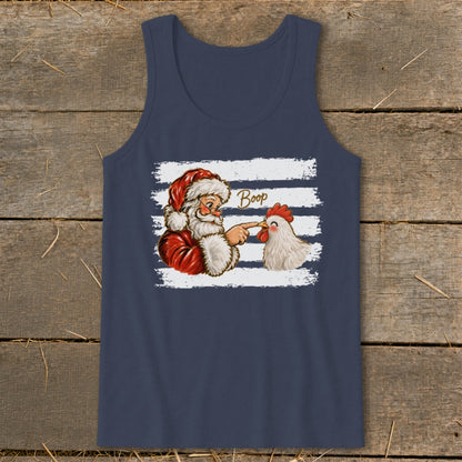 Santa booping a chicken with the word "Boop" above them on a navy tank top.