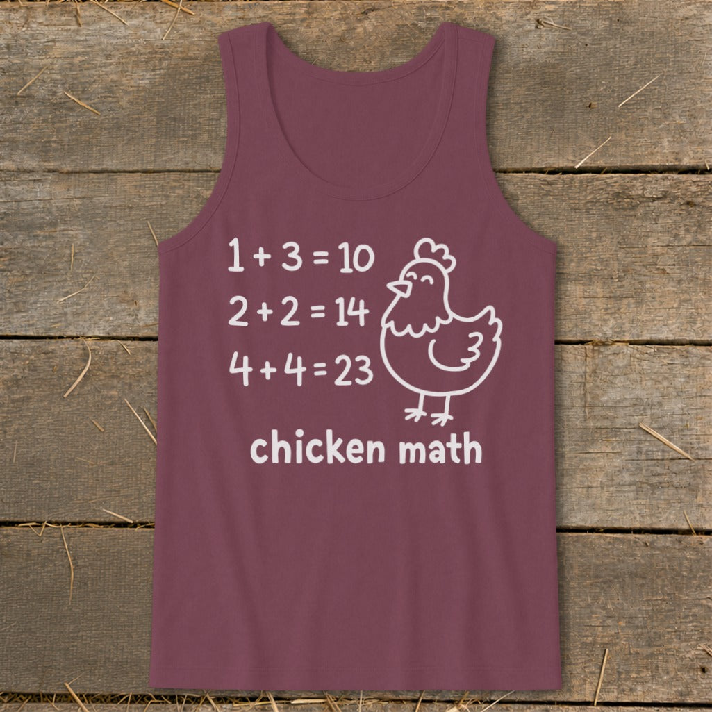 Tank top with "chicken math" text and math equations with a chicken graphic.