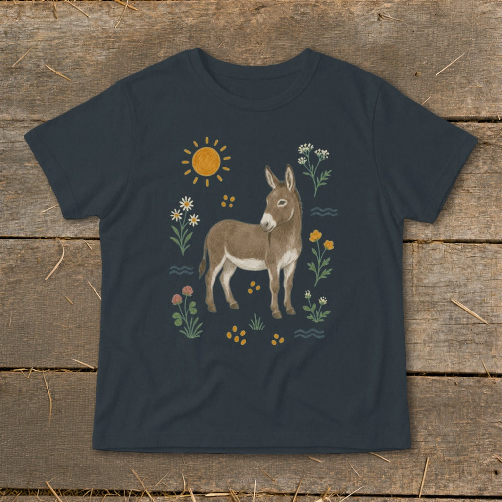 Dark t-shirt with illustration of a donkey, sun, flowers, and yellow dots.