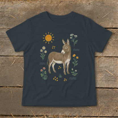 Dark t-shirt with illustration of a donkey, sun, flowers, and yellow dots.