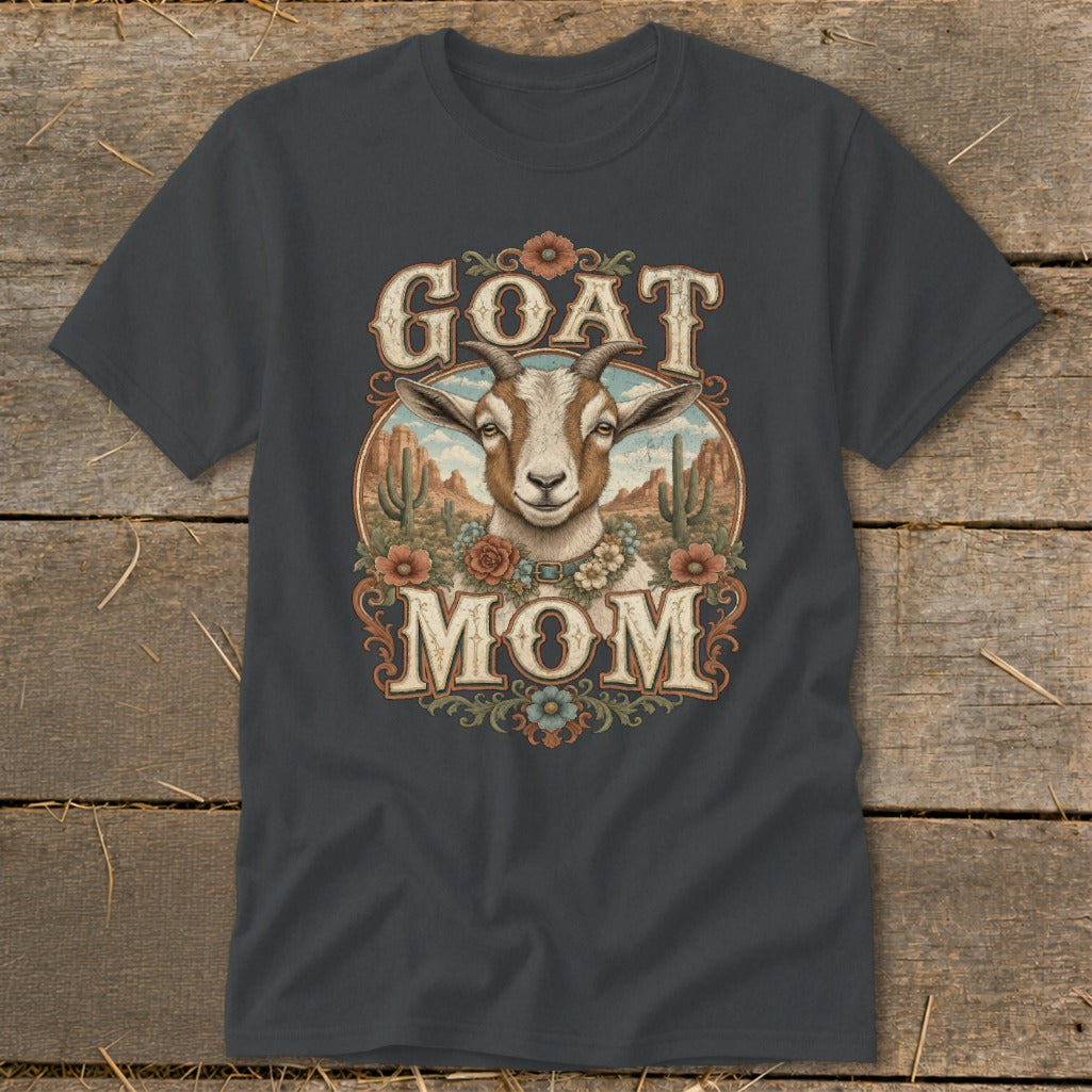 Goat Mom t-shirt with vintage desert scene and floral accents.