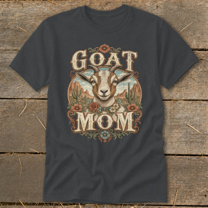 Goat Mom t-shirt with vintage desert scene and floral accents.