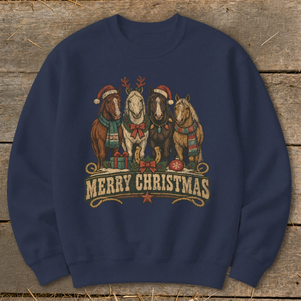 Four horses wearing Santa hats and scarves under "Merry Christmas" text.