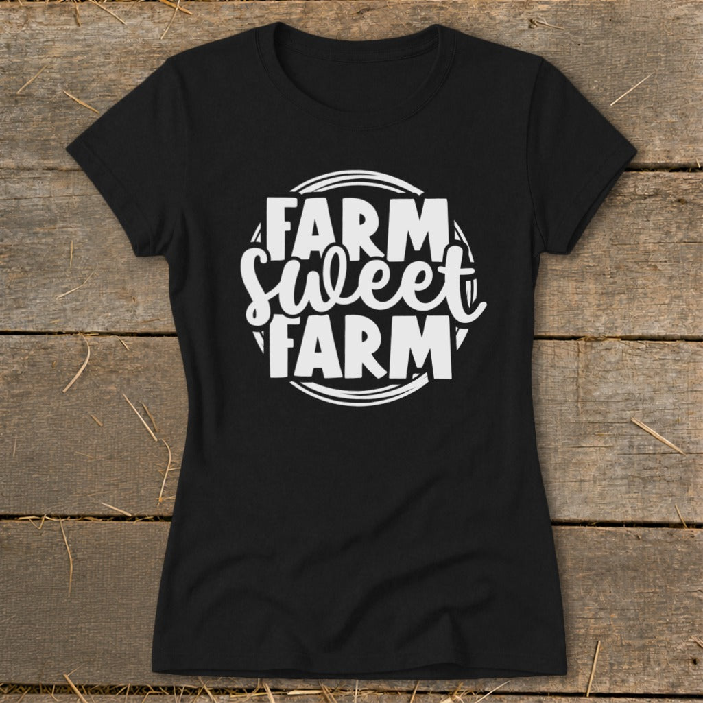 Black t-shirt with white text "Farm Sweet Farm" in a circular design.