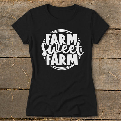 Black t-shirt with white text "Farm Sweet Farm" in a circular design.