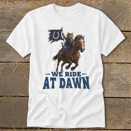 Cat riding horse holding a flag with "We Ride At Dawn" text.