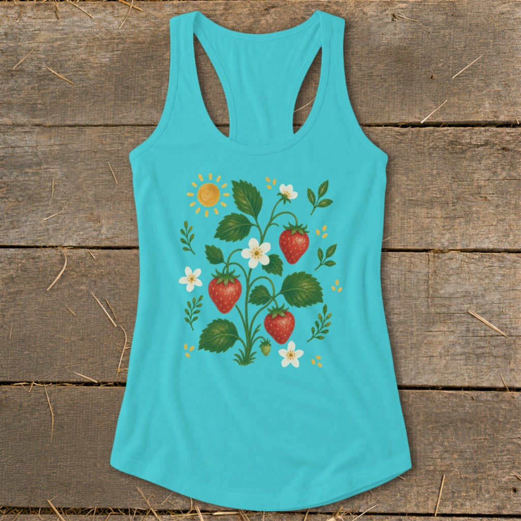 Turquoise tank top with a strawberry plant, flowers, and sun graphic.
