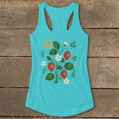 Turquoise tank top with a strawberry plant, flowers, and sun graphic.