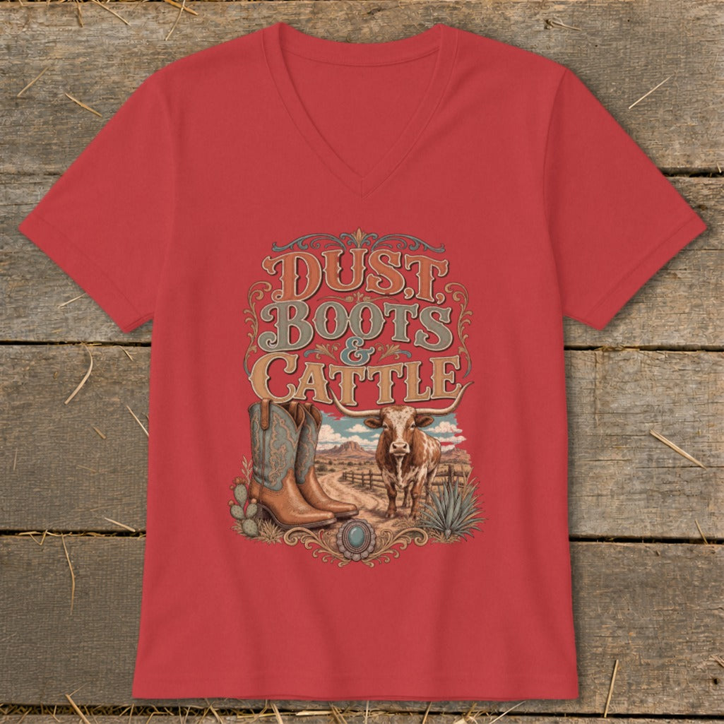 Red t-shirt with vintage-style graphic: "Dust Boots & Cattle", boots, and steer.