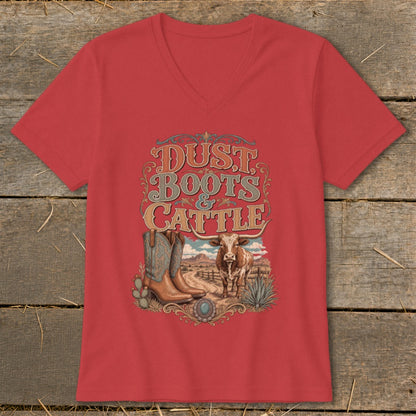 Red t-shirt with vintage-style graphic: "Dust Boots & Cattle", boots, and steer.