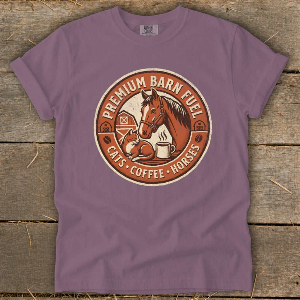 T-shirt graphic: horse, cat, barn, coffee cup, text "Premium Barn Fuel Cats Coffee Horses"
