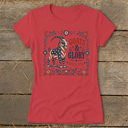 Red t-shirt with a goat in American flag design and text "Goats & Glory Since 1776".
