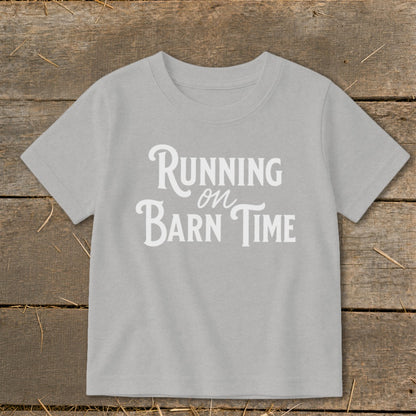 Gray t-shirt with white text "Running on Barn Time"