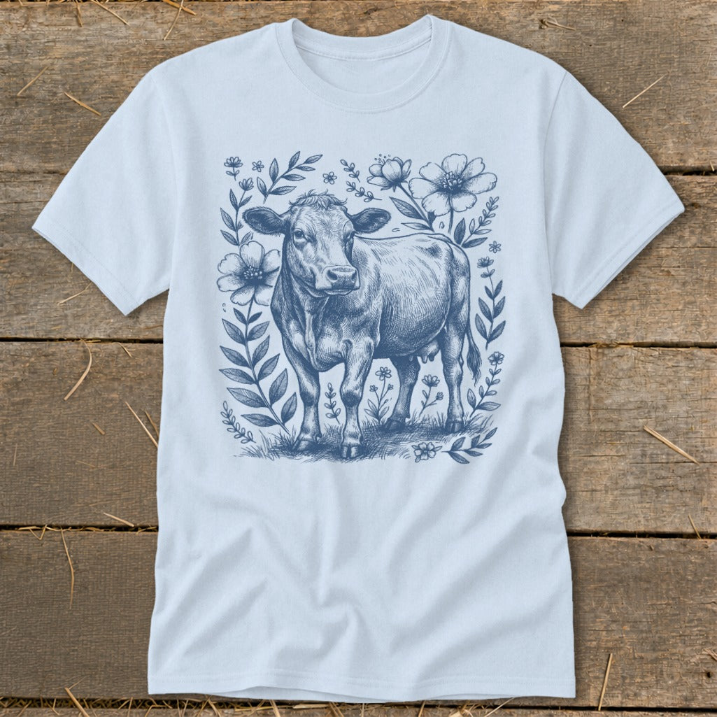 Light blue t-shirt with a blue ink sketch of a cow surrounded by flowers and leaves.