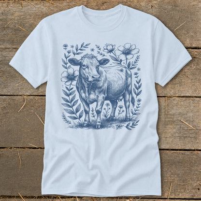 Light blue t-shirt with a blue ink sketch of a cow surrounded by flowers and leaves.