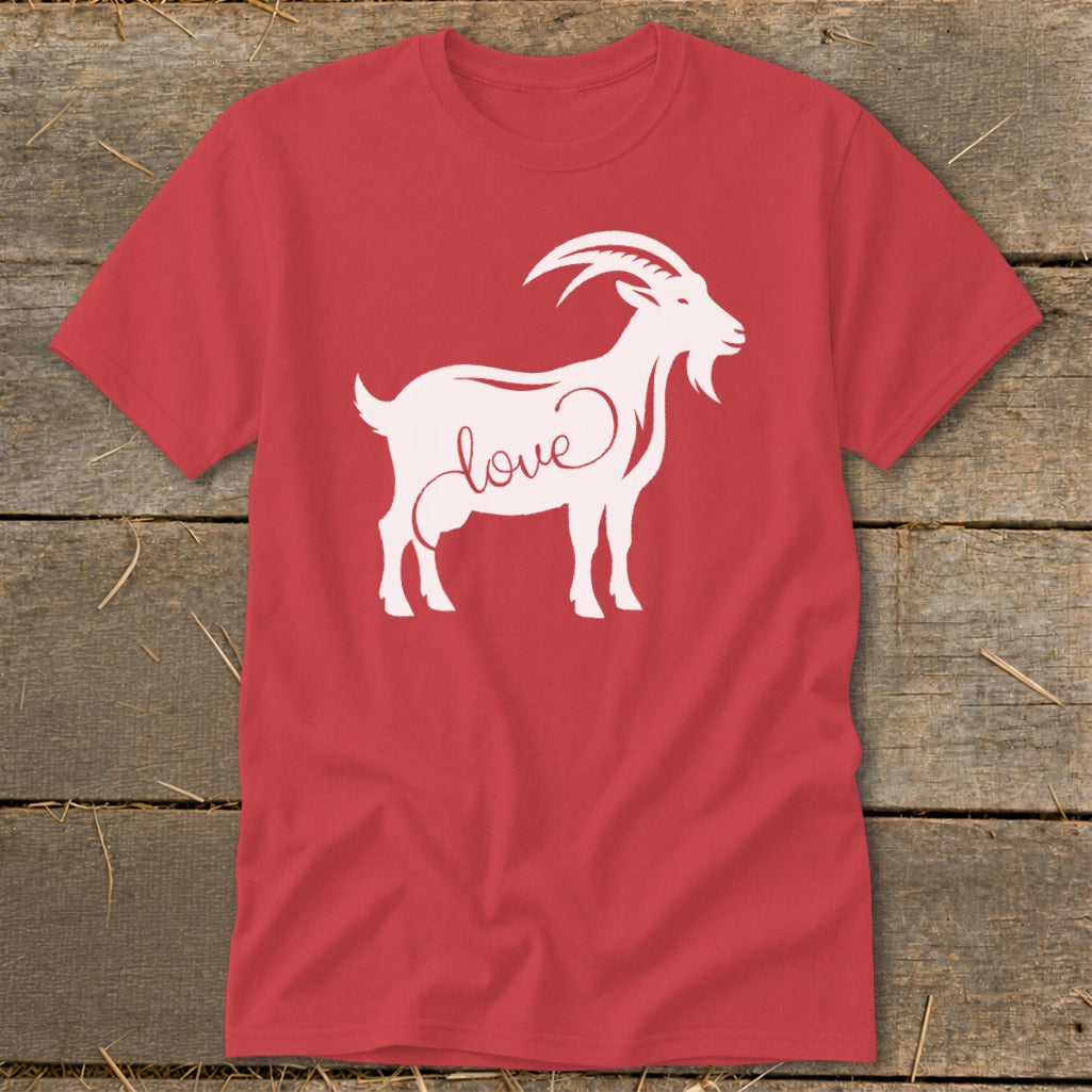 Red t-shirt with a white silhouette of a goat and the word "love" on its side.