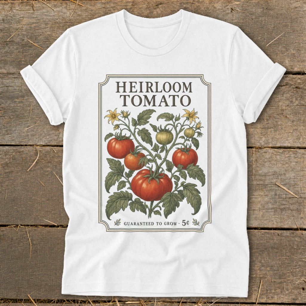 White t-shirt with "HEIRLOOM TOMATO" and vintage tomato plant graphic.
