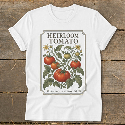 White t-shirt with "HEIRLOOM TOMATO" and vintage tomato plant graphic.