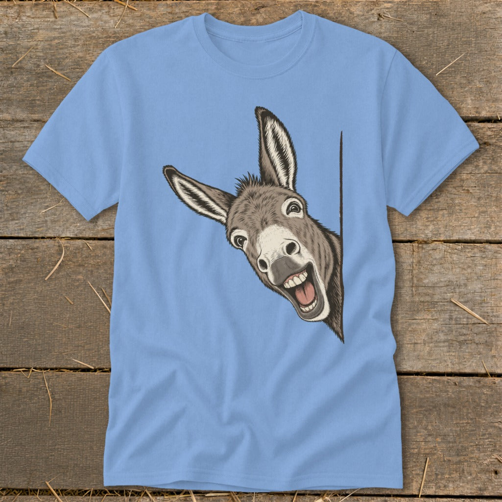 Light blue t-shirt with a smiling cartoon donkey peeking from the side.