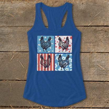 Blue tank top with four square panels of chickens in patriotic patterns.