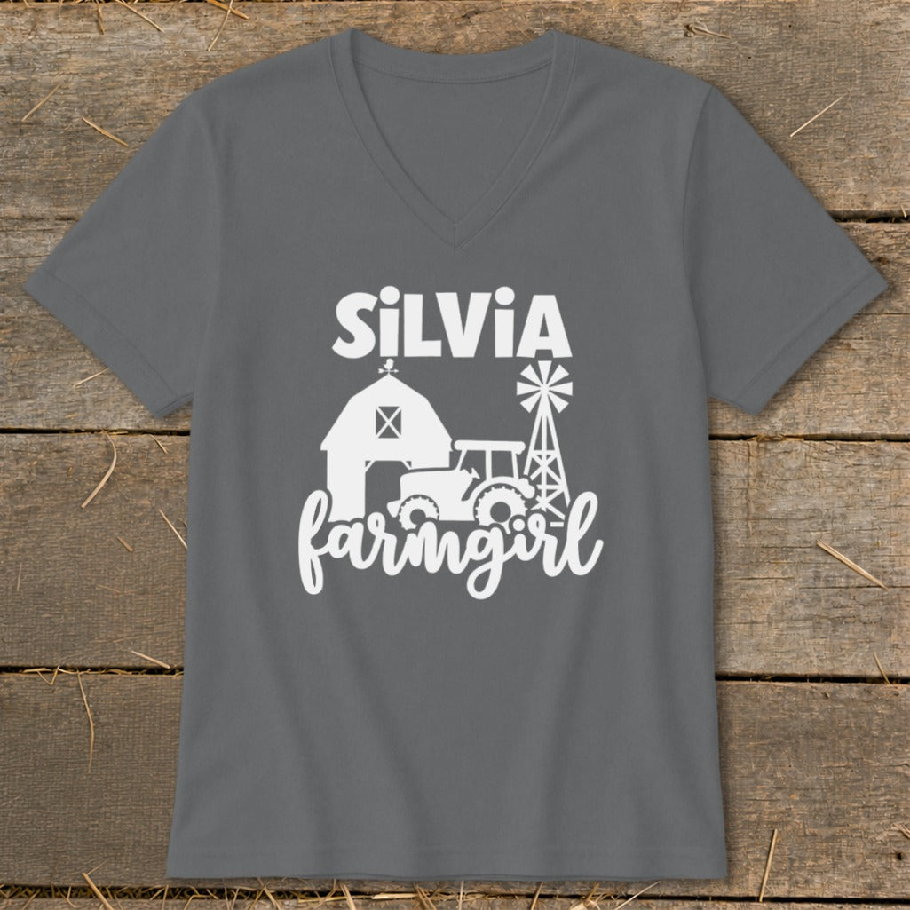 Silvia farmgirl graphic with barn, tractor, and windmill on a grey t-shirt.