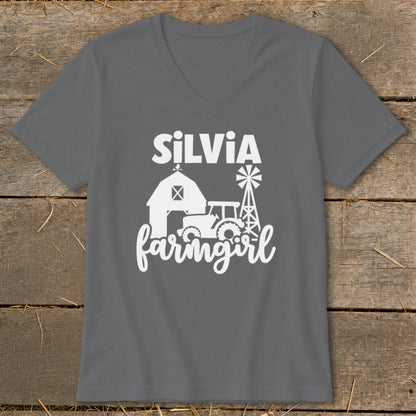 Silvia farmgirl graphic with barn, tractor, and windmill on a grey t-shirt.