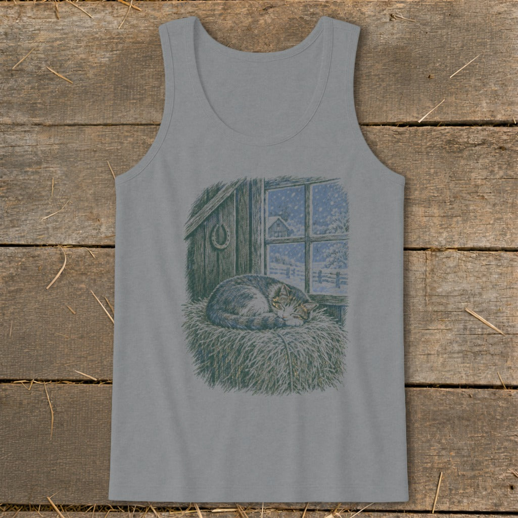 Gray tank top with print of cat sleeping on hay, looking out snowy window.
