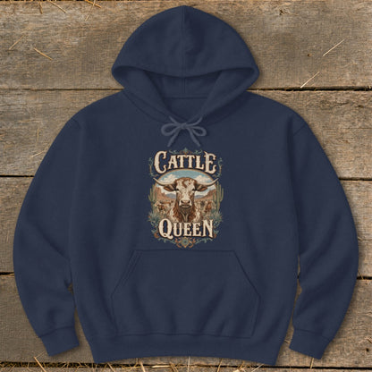 Navy hoodie with "Cattle Queen" text and a longhorn steer illustration.