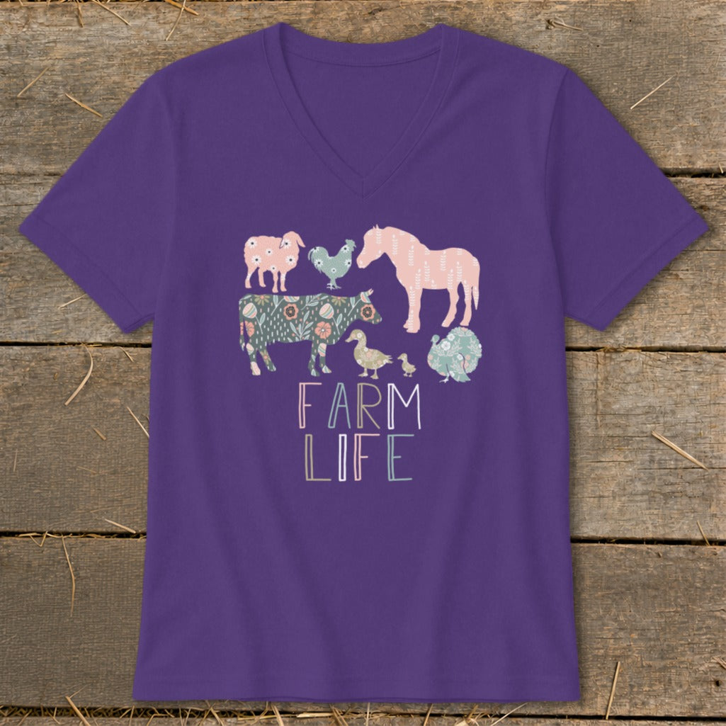 Purple v-neck t-shirt with "FARM LIFE" text and farm animal illustrations.